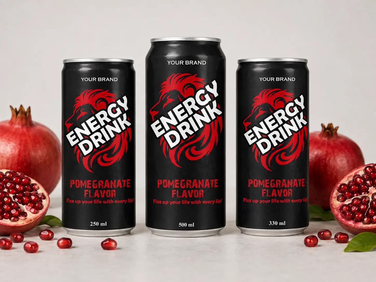 ENERGY DRINK Pomegranate Flavor 250ml, 500ml and 330ml cans.